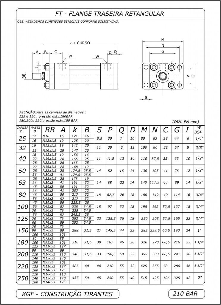 Cilindro Flange Retangular Traseiro